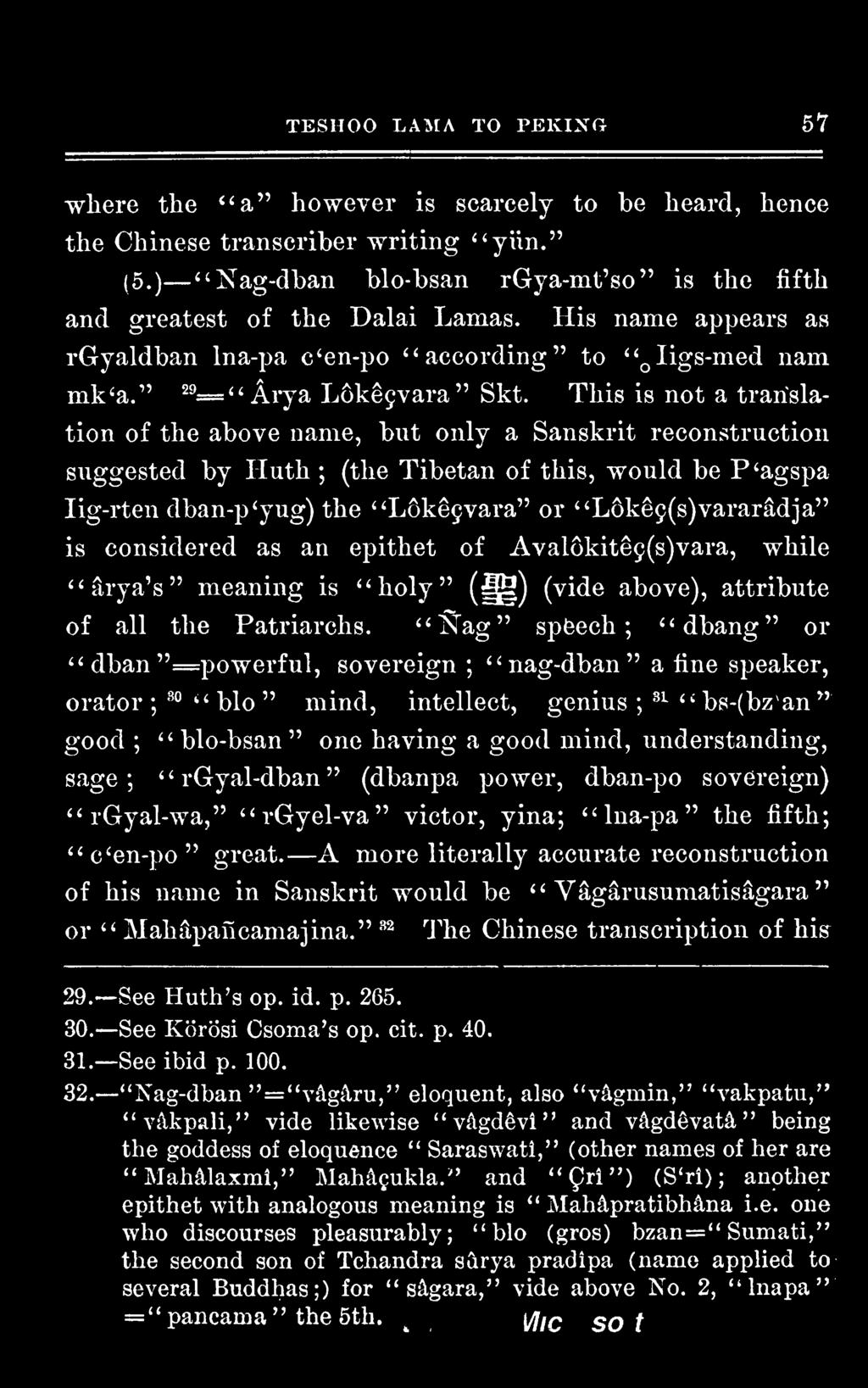 This is not a translation of the above name, but only a Sanskrit reconstruction suggested by Iiuth ; (the Tibetan of this, would be P'agspa Iig-rten dban-p'yug) the "Lokecvara" or "L6kec(s)vararadja"