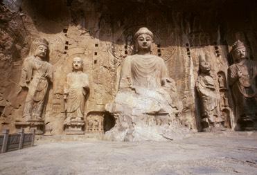 VAIROCANA BUDDHA, MONKS, AND BODHISATTVAS! Luoyang, China! Tang Dynasty 493-1127 CE! Limestone from carved rock relief!
