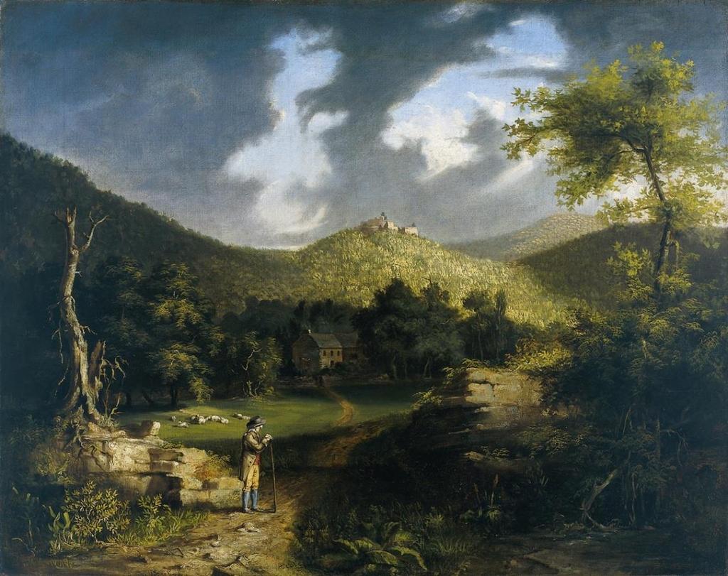 A View of Fort Putnam, 1825 by Thomas Cole Midst greens and shades the Catterskill leaps, From cliffs where the wood-flower clings; All summer he moistens his verdant steeps, With the sweet light