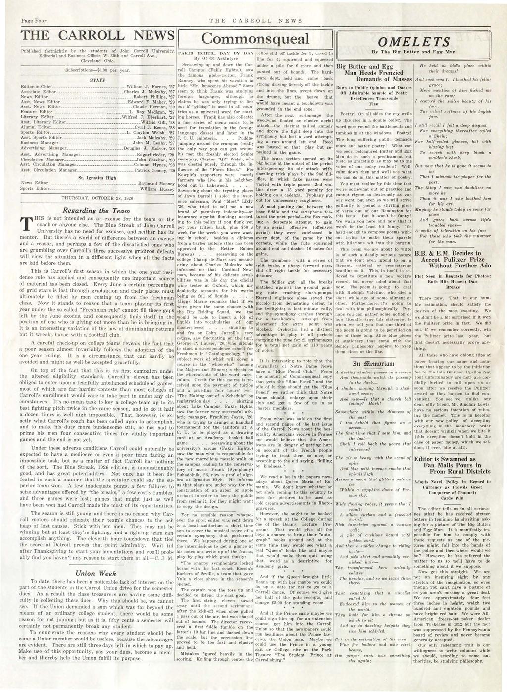 Page Four THE CARR OLL NEWS Connonsqueal OMELETS Lierary Edior---------- ------- -------------Wilfred J. Eberhar, '27 Ass.