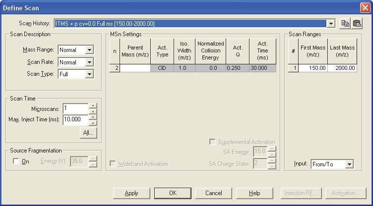 5. Click the Define Scan button to open the Define Scan dialog box (Figure 89). Figure 89. Define Scan dialog box 6. Under Scan Description, do the following: In the Mass Range list, select Normal.