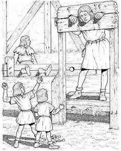 Punishment How were people punished in the Middle Ages? Stocks and pillory for small crimes. If a criminal being hunted could reach a church Sanctuary Ring Fines.