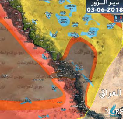 7 Deployment of the forces in the Deir ez-zor area (updated to June 3, 2018): The Syrian army and the forces supporting it west of the Euphrates River (dark red stripe); SDF (yellow).