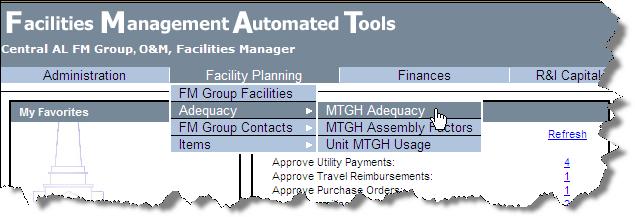 Under Facility Planning, select Adequacy, and then MTGH Adequacy The Meetinghouse Adequacy Summary screen displays each building in the FM group.
