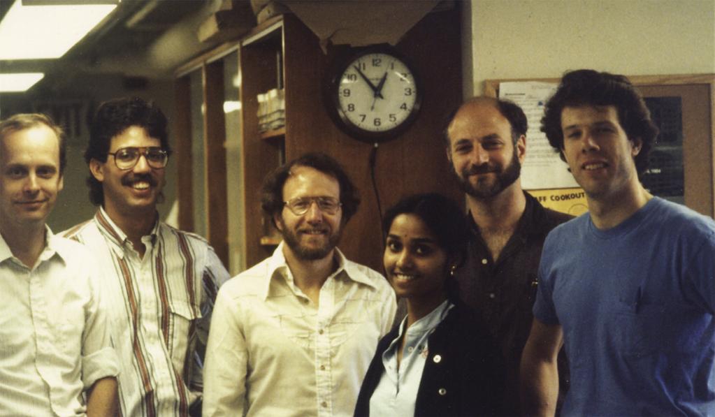 Most of the original circadian crew, circa 1985. (L to R) Will Zehring, Tony (A.A.) James, Jeff Hall, Pranitha Reddy, Michael Rosbash, Dave Wheeler.