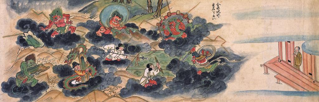 Figure 12. Hasedera engi emaki, scroll II, section 21. The illustration for section 20 shows Tokudō, dozing off within a house, and Konjin, pointing to the hills depicted in the background.