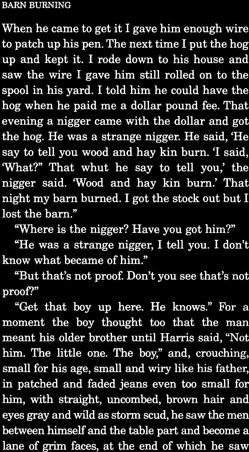 That evening a nigger came with the dollar and got the hog. He was a strange nigger. He said, He say to tell you wood and hay kin burn. I said, What? That whut he say to tell you, the nigger said.