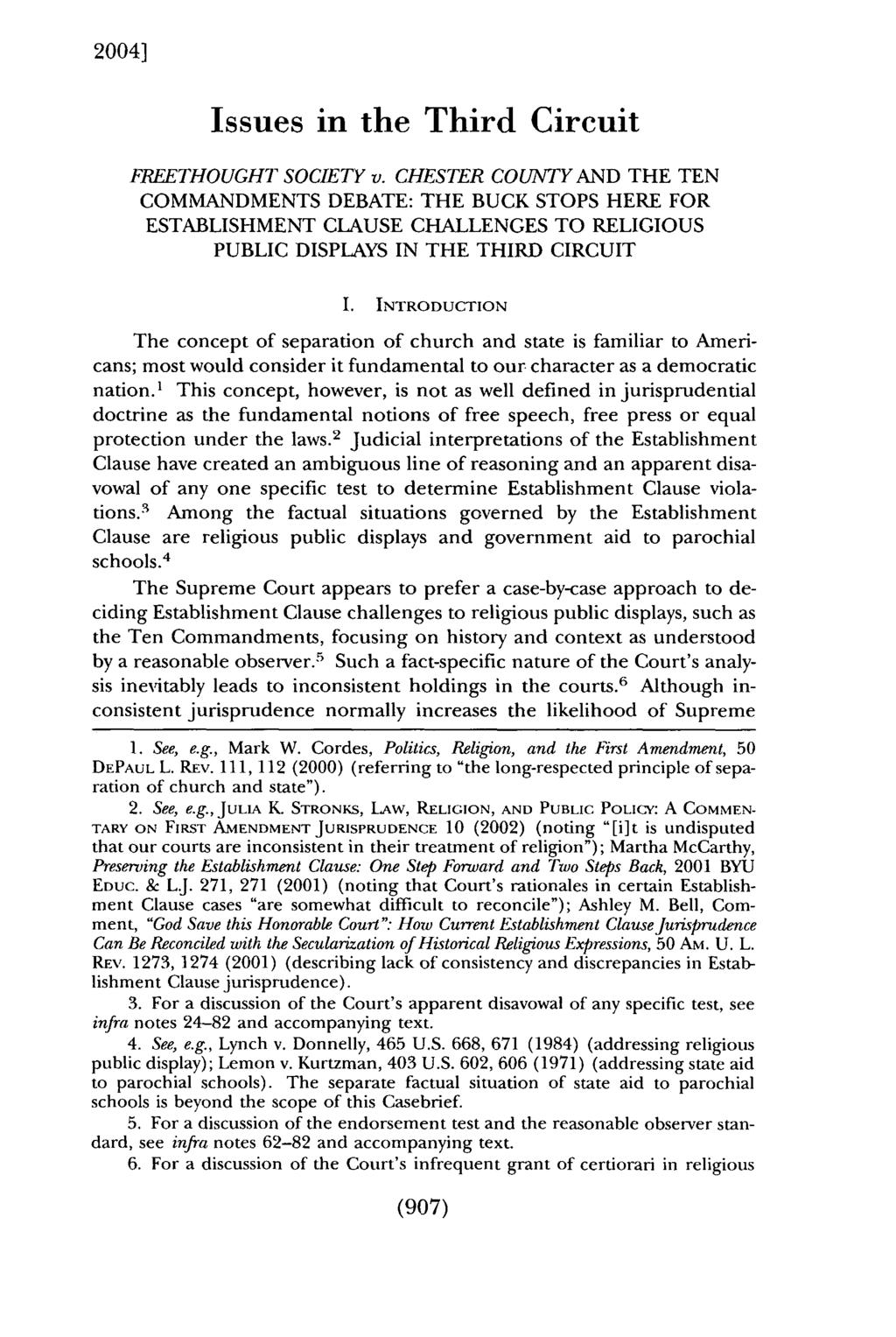 2004] Cates: Freethought Society v. Chester County and the Ten Commandments De Issues in the Third Circuit FREETHOUGHT SOCIETY v.