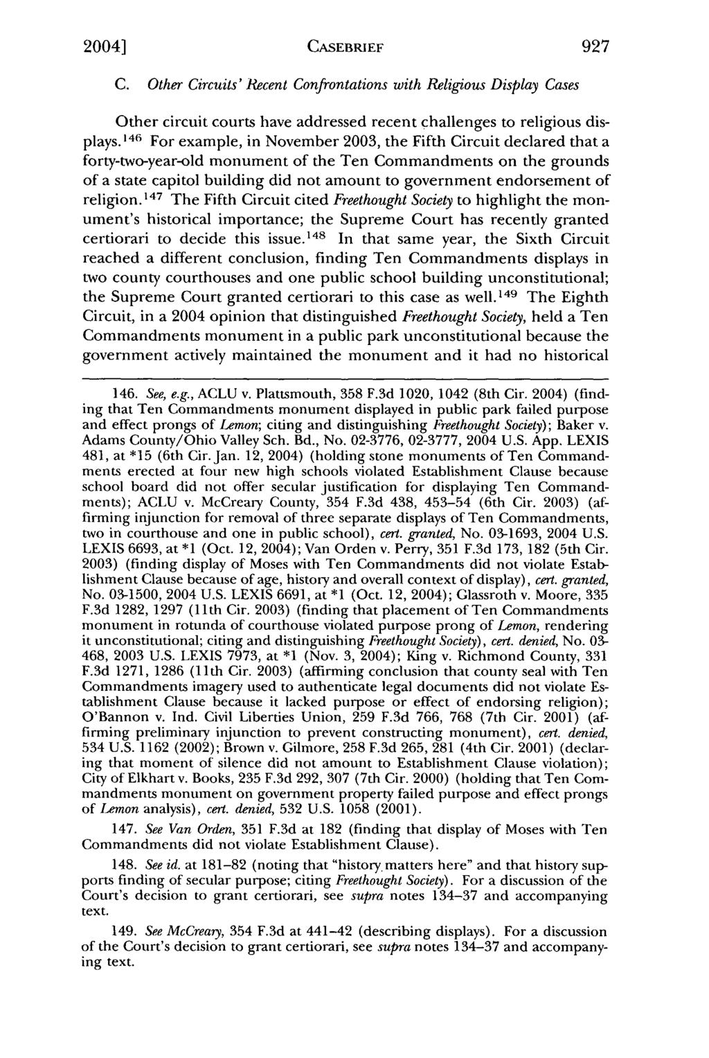 2004] Cates: Freethought Society v. Chester County and the Ten Commandments De CASEBRIEF C.
