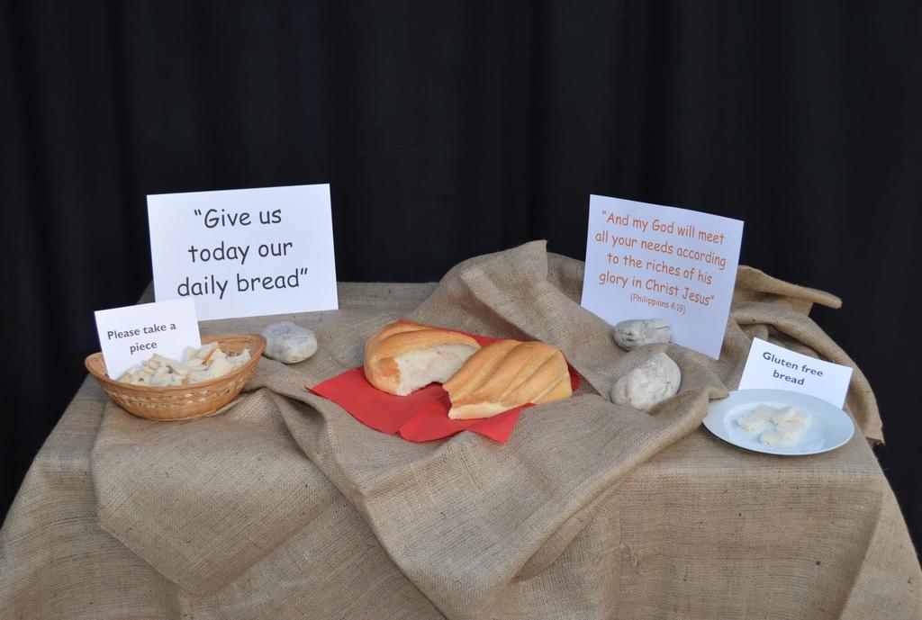 9 Station 4: Give us today our daily bread Give us this day our daily bread Items Needed: A table covered with hessian 10 material, on top of which are some large stones Cards with the following
