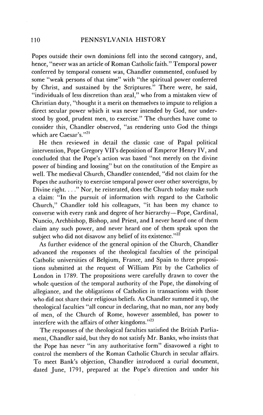 110 PENNSYLVANIA HISTORY Popes outside their own dominions fell into the second category, and, hence, "never was an article of Roman Catholic faith.