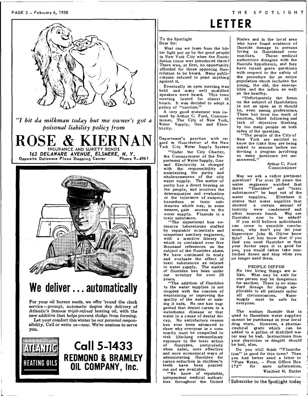 PAGE 2 - February 6, 1958 T H E LETTER SPOTLIGHT "I bit da milkman today but me owner's got a poisonal liability policy from ROSE & KIERNAN INSURANCE AND SURETY BONOS 163 DELAWARE AVENUE, ELSMERE, N.