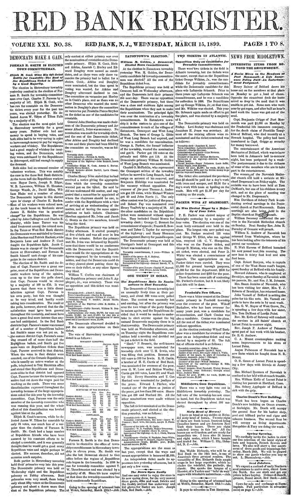 VOLUME XXL NO. 38. RED^ANK, N. J., WEDNESDAY, MARCH 15,1899. PAGES 1 TO 8, DEMOCRATS MAKE A GAIN. FOEMAN K. SMITH IS ELECTED TOWN COMMITTEEMAN. Eljah HI.