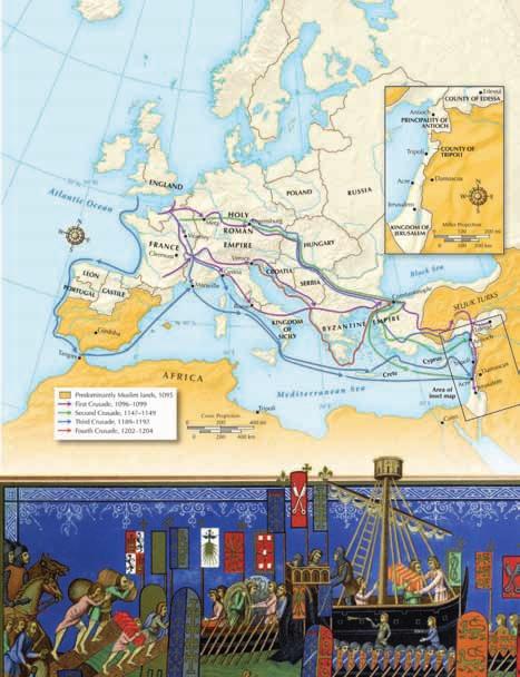 The Crusades, 1096 1204 Map Skills Urged on by Pope Urban II, thousands of Europeans joined the Crusades to expel Muslims from the Holy Land. 1. Locate On the large map, find (a) Holy Roman Empire (b) Rome (c) Jerusalem (d) Acre (e) Constantinople.