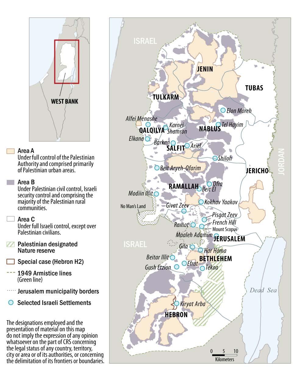 Figure 2. Map of West Bank PA Governorates; Areas A, B, and C; and Selected Israeli Settlements Source: CRS, adapted from the U.N. Office for the Coordination of Humanitarian Affairs.