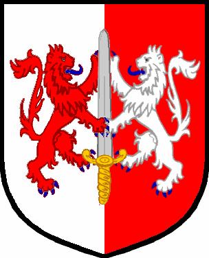 (Confirmed by Ulster, 26 Nov 1859) Charles O Carroll of Carrollston [sic], Maryland Gules a sword in pale pointing upwards proper hilted and pommelled or, supported by two lions combatant argent.