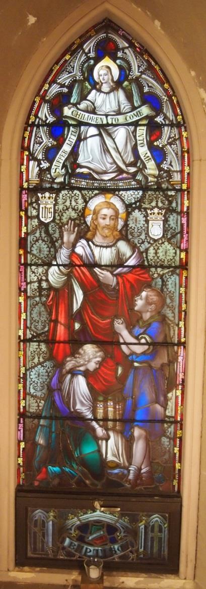 Window 5: The Window at the Baptismal Font SUFFER LITTLE CHILDREN TO COME UNTO ME ( LUKE 18:16) Holy Baptism is full initiation by water and the Holy