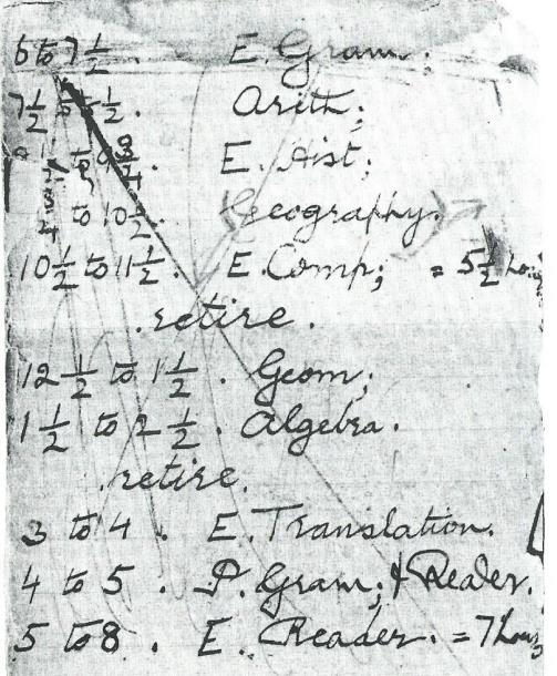 -3- Pages from school notebooks of Kirpal Singh written in approximately 1908, when he was fourteen years old. On the left is the schedule Kirpal Singh set for himself to study his school subjects.