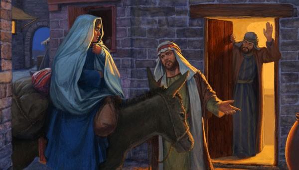 Scene Two Narrator: That night when Jesus was to be born, Mary and Joseph, her husband, could not find a room to stay in. The town was full there were no rooms.