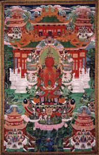 Buddha Amitayus in His Pure Land China (Inner Mongolia); 19th century Pigments on cloth HAR 65037 Style This painting is a fine example of the cross-fertilization of Tibetan Buddhism and Chinese