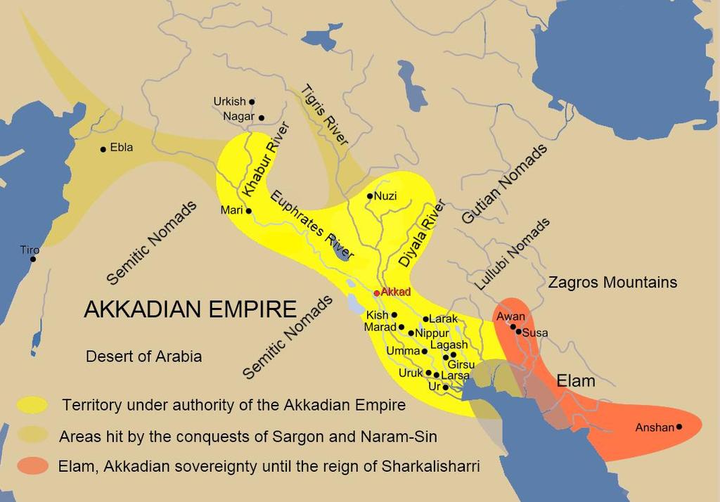Akkadian conquering map Interpret the map: What does the light yellow