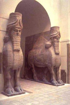 Gates and doorways in Assyrian royal complexes often protected by figures of winged bulls with human heads Believed to guard against evil influences Rendered with very realistic details Note the