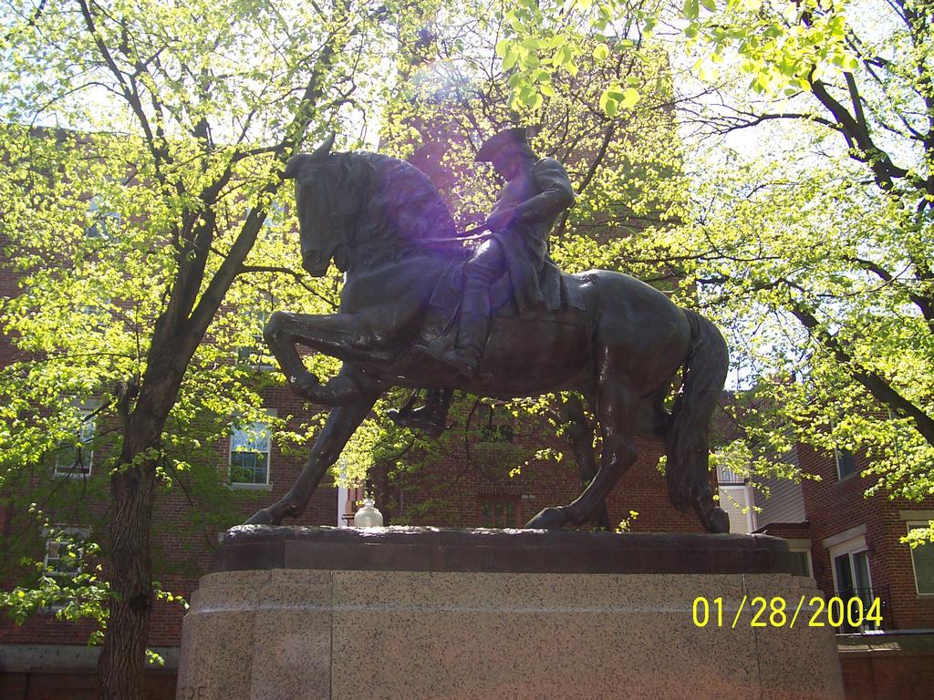 This statue of Paul Revere is behind the Old North Church. On the way to Lexington, Revere "alarmed" the country-side, stopping at each house, and arrived in Lexington about midnight.