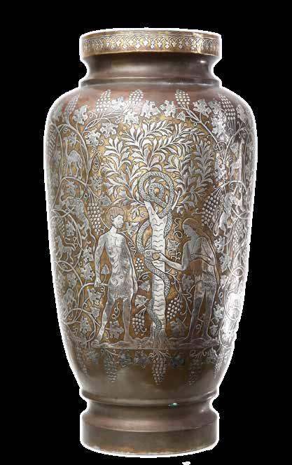 66 Magnificent Giant Jug. Damascene Work. Land of Israel, c. 1920 Copper Damascene jug [copper with silver inlay]. Land of Israel, c. 1920s.