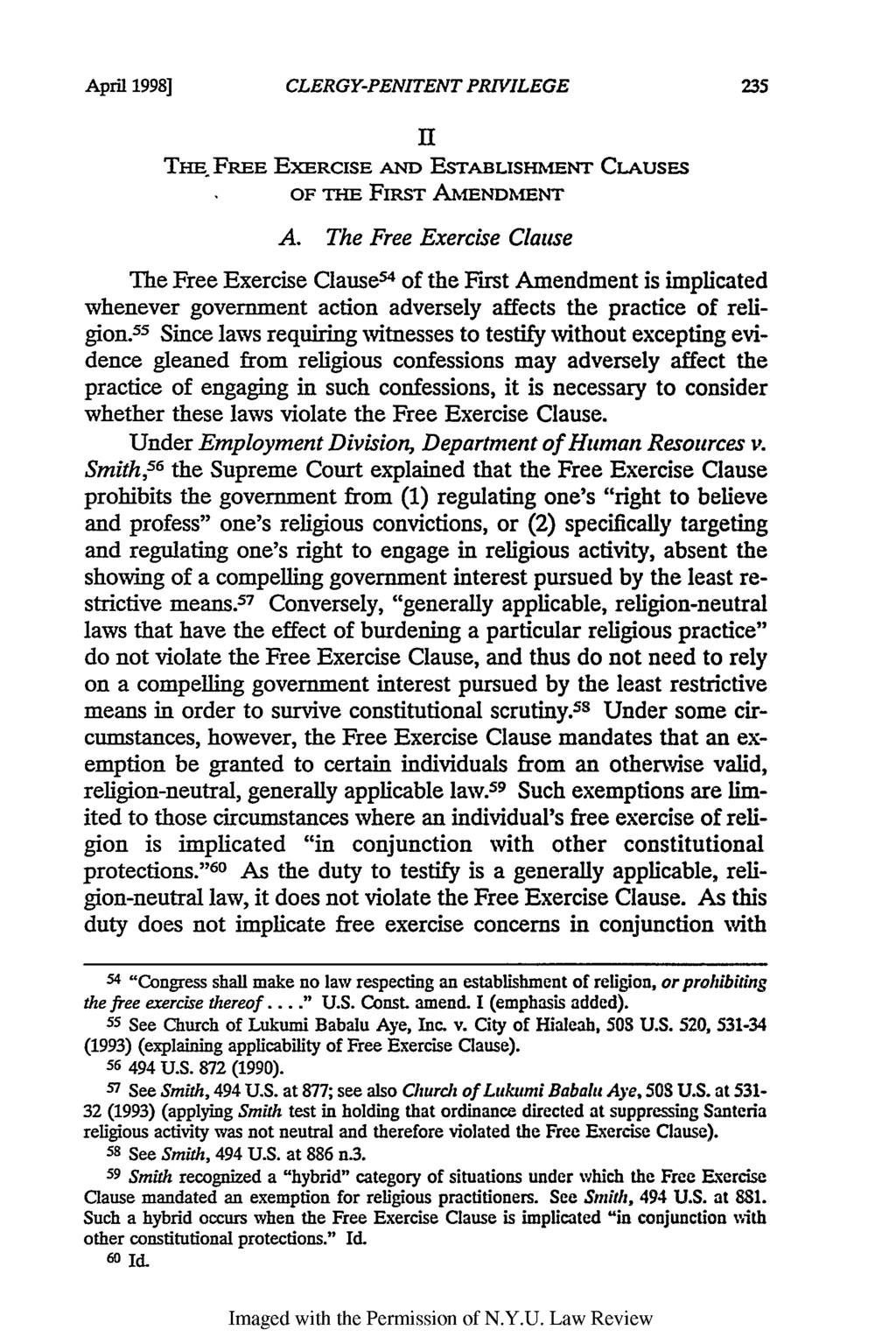 April 1998] CLERGY-PENITENT PRIVILEGE 11 THEm FRE EXERCISE AND ESTABLISHMENT CLAUSES OF THE FIRST AMENDmNT A.