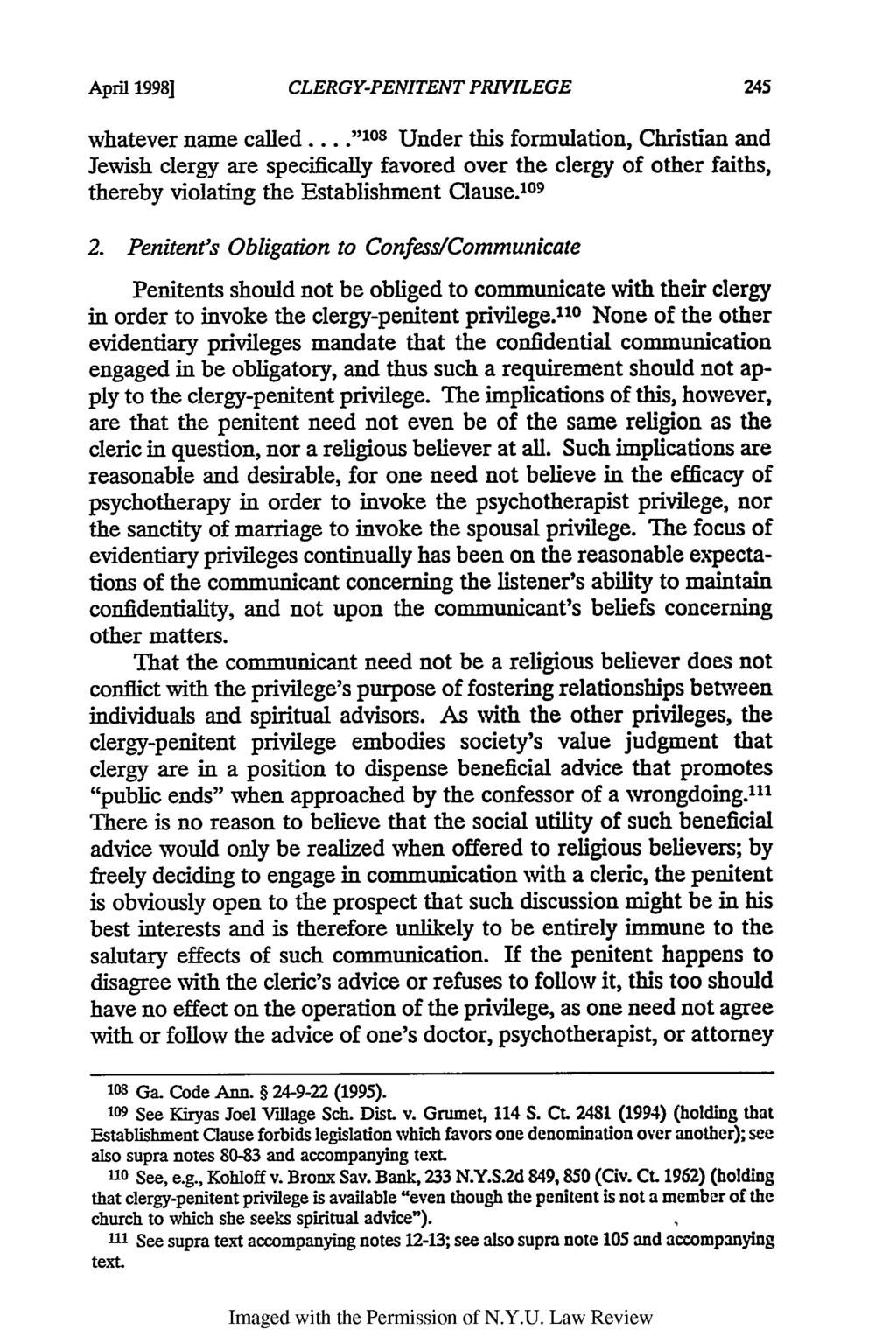 April 1998] CLERGY-PENITENT PRIVILEGE whatever name called.