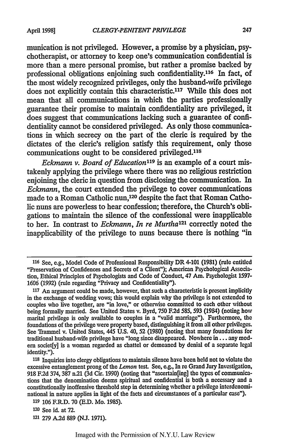 Apri 1998] CLERGY-PENITENT PRIVILEGE munication is not privileged.
