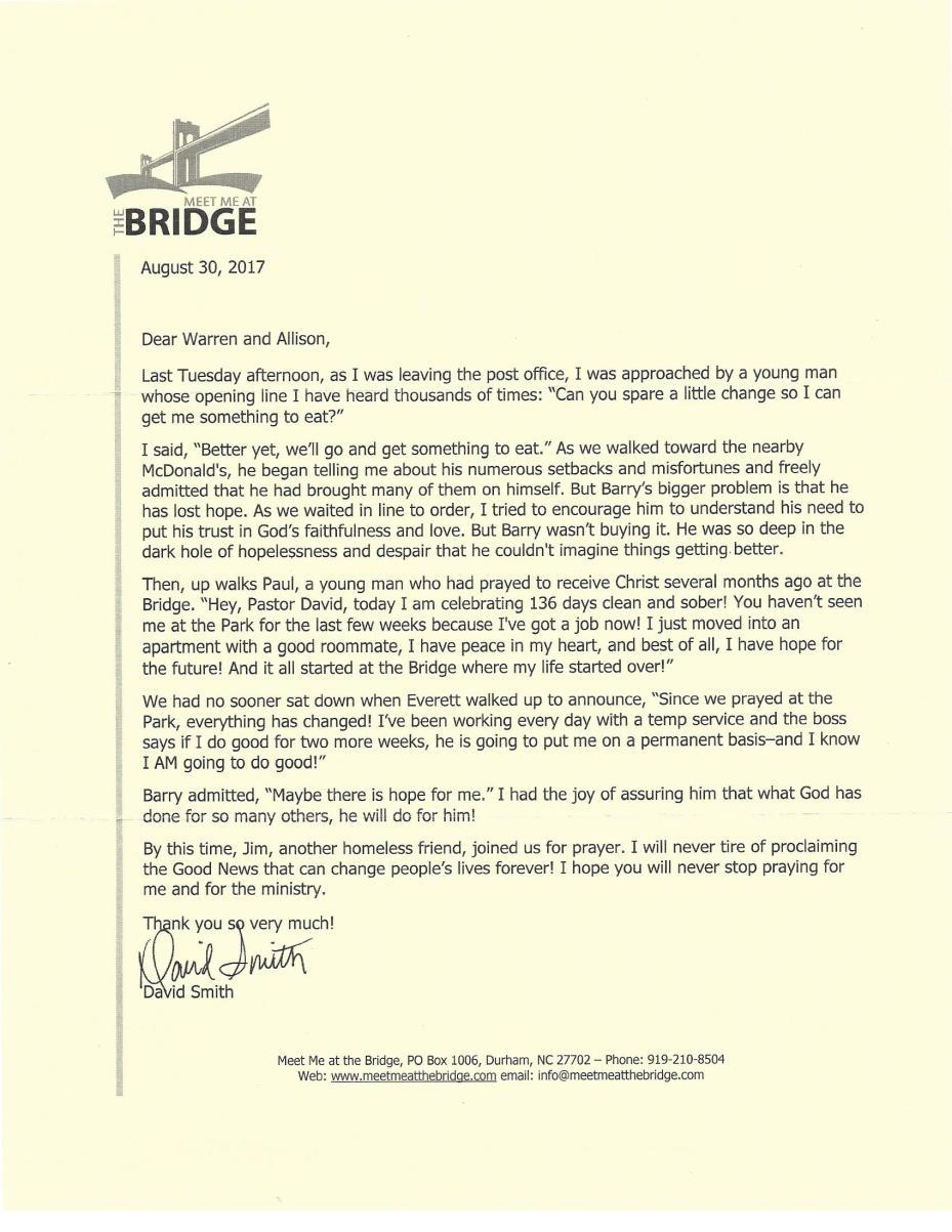 Meet Me at the Bridge I want to share with you a letter I received from David Smith, the founder of Meet Me at the Bridge.