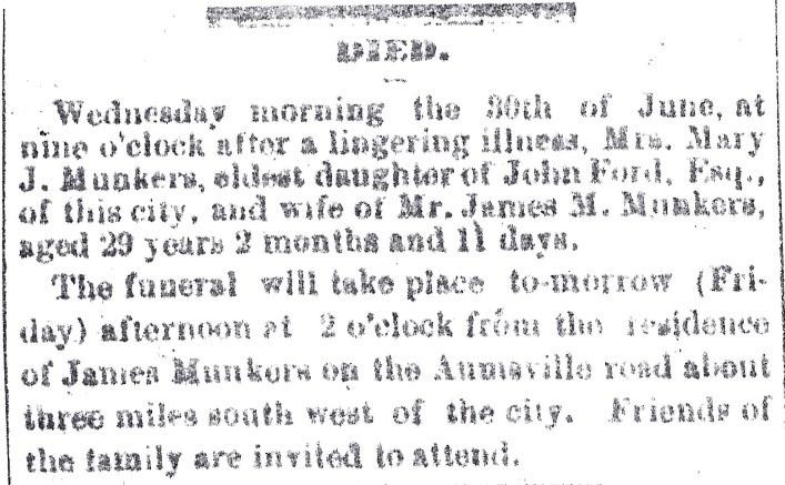 E., 23, MO; J.C., 5, OR; A.B., 11/12, f, OR; John Sutter, 67, day laborer, SC 1865: "James M. Munkers married 30 July 1865 to Mary J. Ford at residence of bride's father in Salem by Rev. Alvan F.