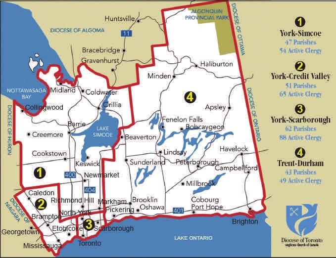 The Diocese of Toronto The Diocese of Toronto was founded in 1839. It extends over 26,000 square kilometres, stretching from Mississauga to Brighton and north to Haliburton.