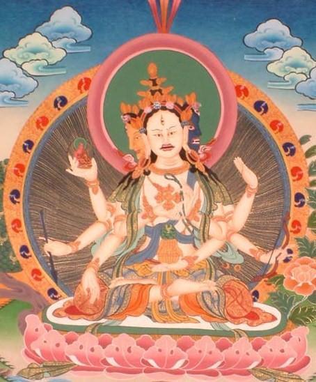 Vijaya Vijaya Buddha sits on a lotus flower with moon disk as cushion in full lotus position. Around her head is an aura of glowing light. She has 8 arms and 3 faces.