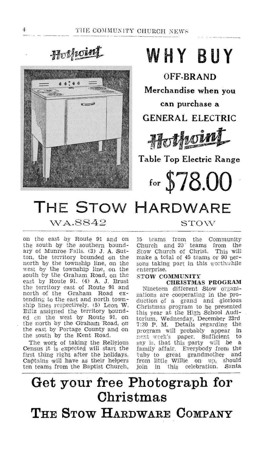 THE) COMMUNITY CBUBCH NEWS 9 why BUY OFF-BRAND Merchandise when you can purchase a GENERAL ELECTRIC THE STOW WA.884 o Table Top Electric Range $78.00 HARDWARE STOW on the east.