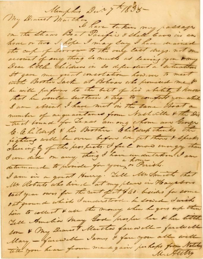 Fig. 4 Letter from Micajah Autry, Private in the Texian Auxiliary Corps, to Martha Autry (Dec. 7, 1835), available at http://scholarship.rice.edu/bitstream/handle/1911/76039/wrc0 3455.pdf?