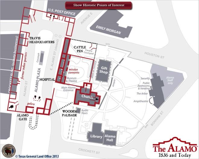 Fig. 3 Map of the Alamo Compound in 1836. Texas General Land Office, Interactive Map: The Alamo in 1836 (2013), http://www.thealamo.org/plan-a-visit/interactivemap/index.html. B.