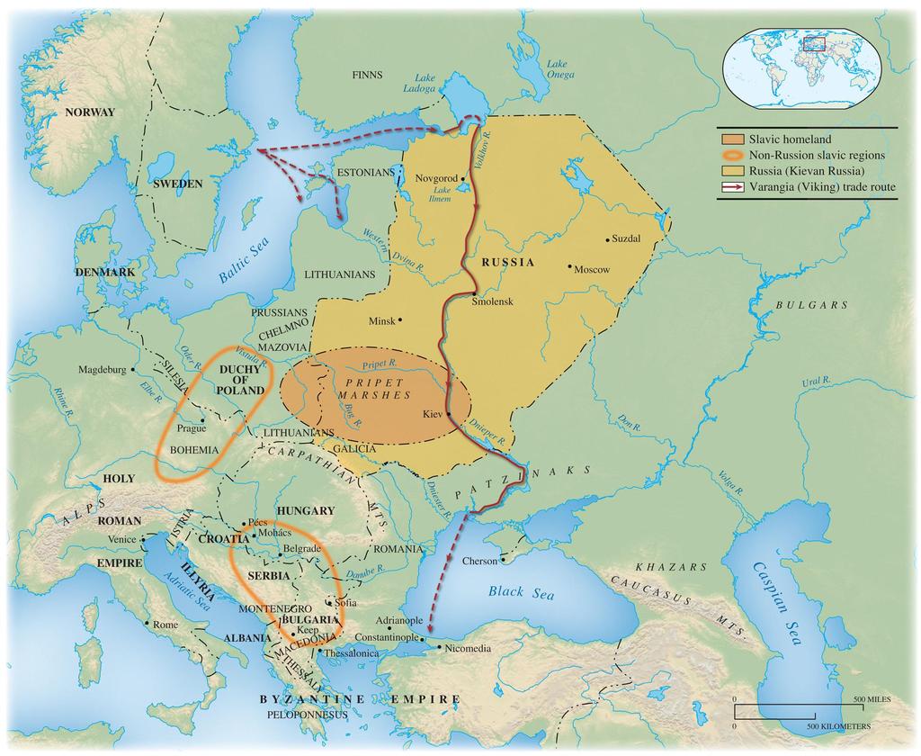Map 10.3 East European Kingdoms and Slavic Expansion c. 1000 Beginning around the 5th century C.E., the Slavs moved in all directions from their lands around the Pripet River in what is today Ukraine and Belarus.