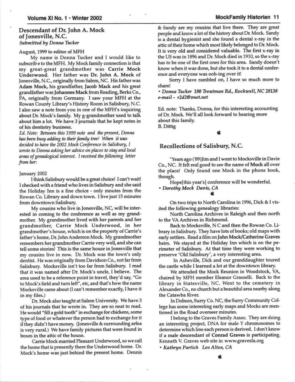 Volume Xl No. I. Winter 21102 ilockfmily Historin 11 Descendnt of Dr. ohn A. Mock of ]onesville, N.