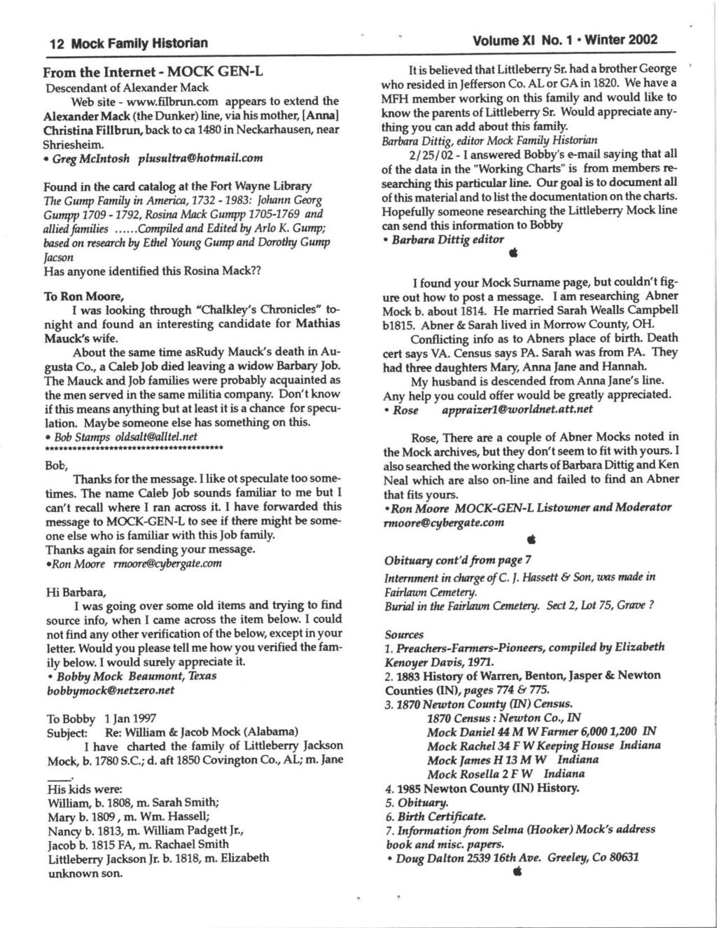 12 llock Fmlly Historin Volume Xl No. 1 'Winter 2fi12 From the Internet - MOCK GEN-L Descendnt of Alexnder Mck Web site - www.