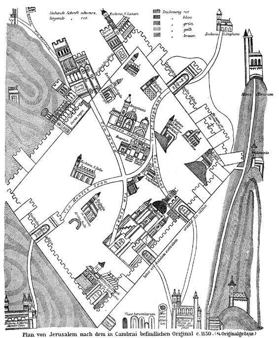 142 De Blaauw Figure 6.2 Map of Jerusalem with city walls and churches (Bethlehem upper corner left). Design after ms. Cambrai, ca. 1150. From: R.