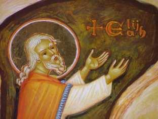 To the left of the central figures is Elijah, one of the foundational figures in the Carmelite tradition.