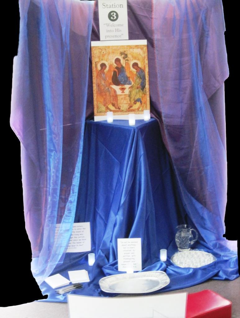 8 Station 3: Welcome into His presence Items Needed: A large display board covered in purple silky fabric 18 Attached to a garden cane are two curtains of two toned claret and blue organza voile 19.