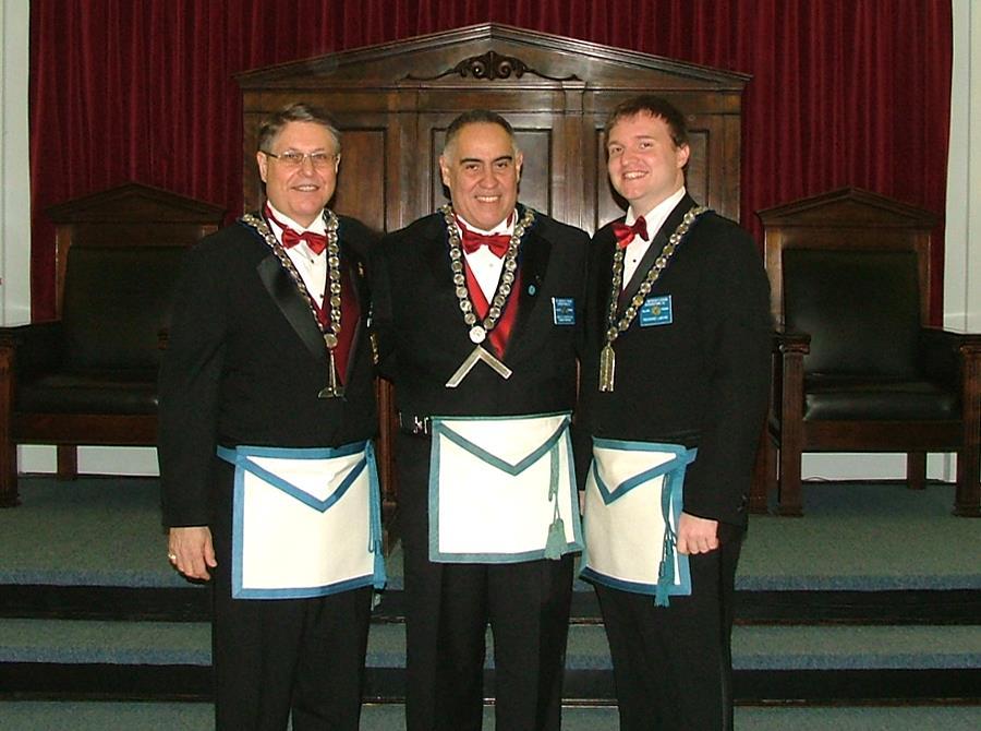 Newly elected Officers, from left to right: Senior Warden - Ted M. D Annunzio, Sr., Worshipful Master - Jose G. Gonzalez, and Junior Warden - Richard W.