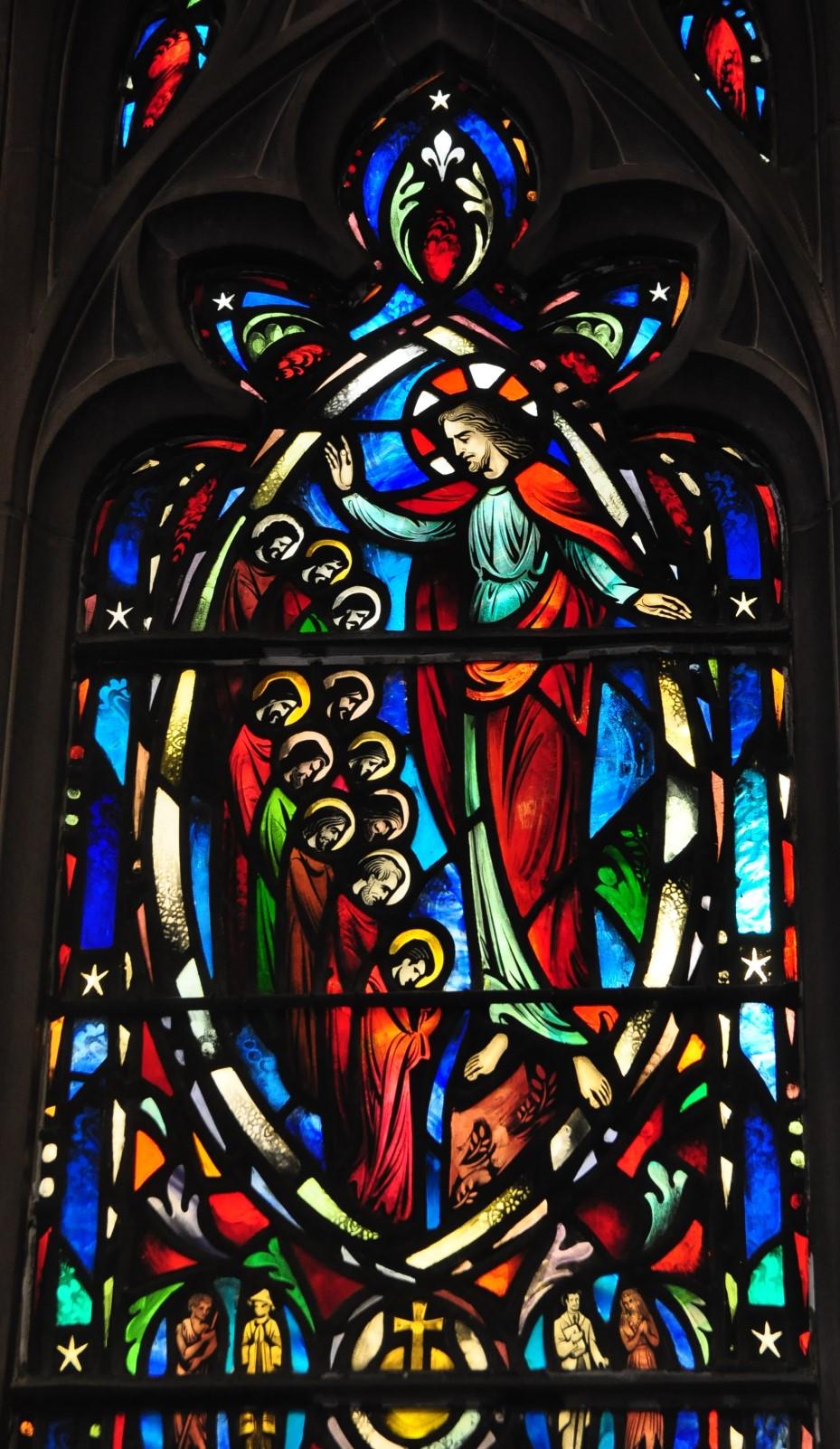 The Mission Window: This window, the center aisle window on the right, is devoted to the Christian Mission. In the lower medallion, Paul is shown preaching at Athens on Mars Hill.
