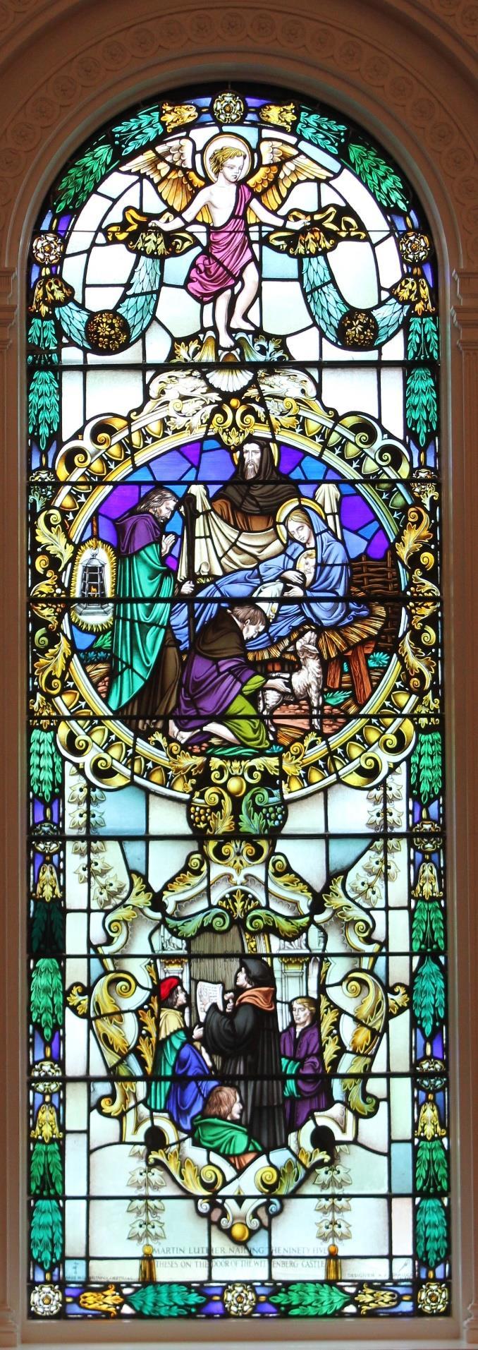 (First Window on left side facing Chancel) Upper Medallion: The Nativity Luke 2:16 Lower Medallion: Martin Luther Nailing the 95 theses to the door of the
