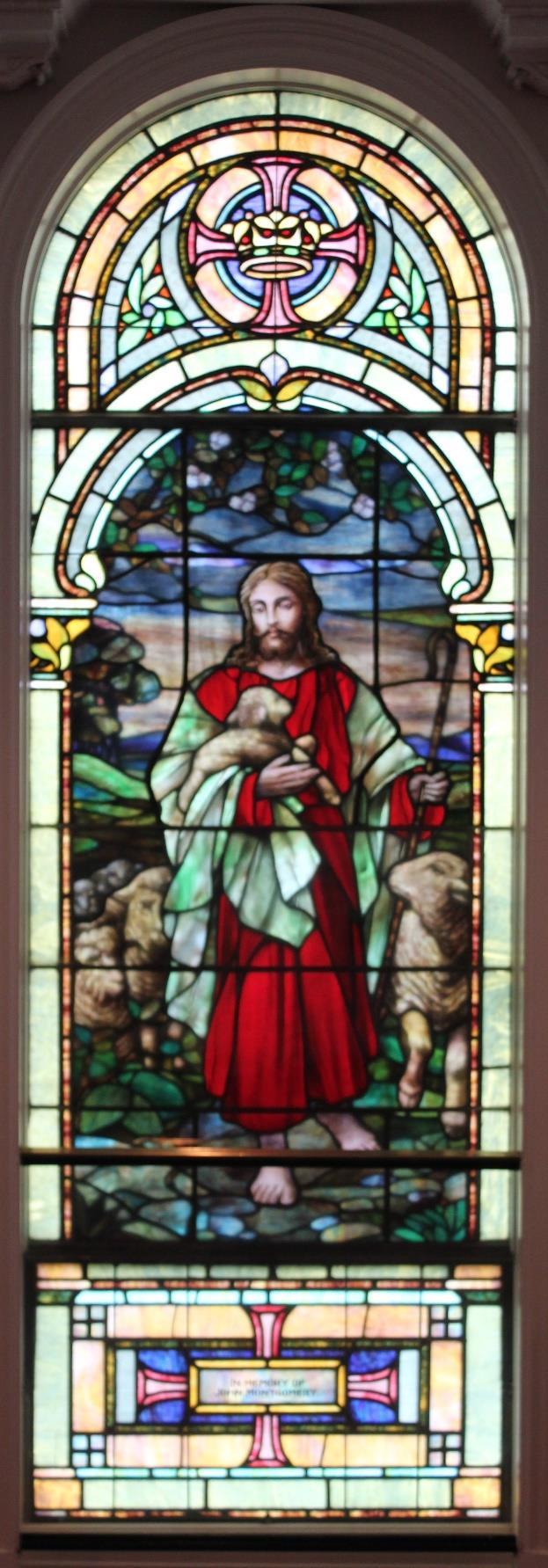 Narthex (Right Window in west wall) Christ the Good Shepherd John 10:14 John Montgomery (1824-1905) This window is one of the many windows brought