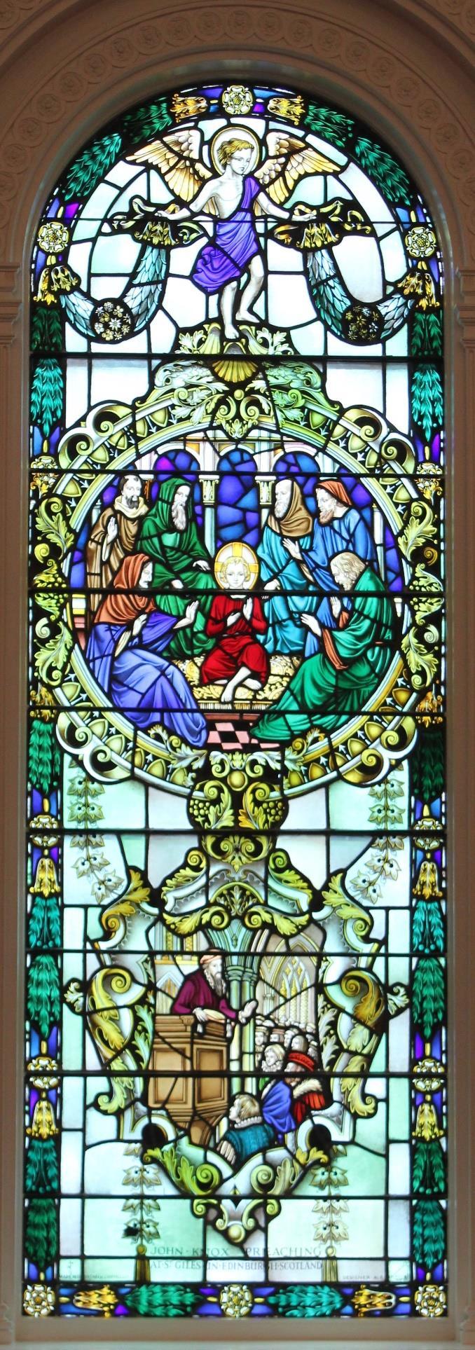 (Second Window on left side facing Chancel) Upper Medallion: Jesus in the Temple Luke 2:46 Lower Medallion: John Knox Preaching at St.