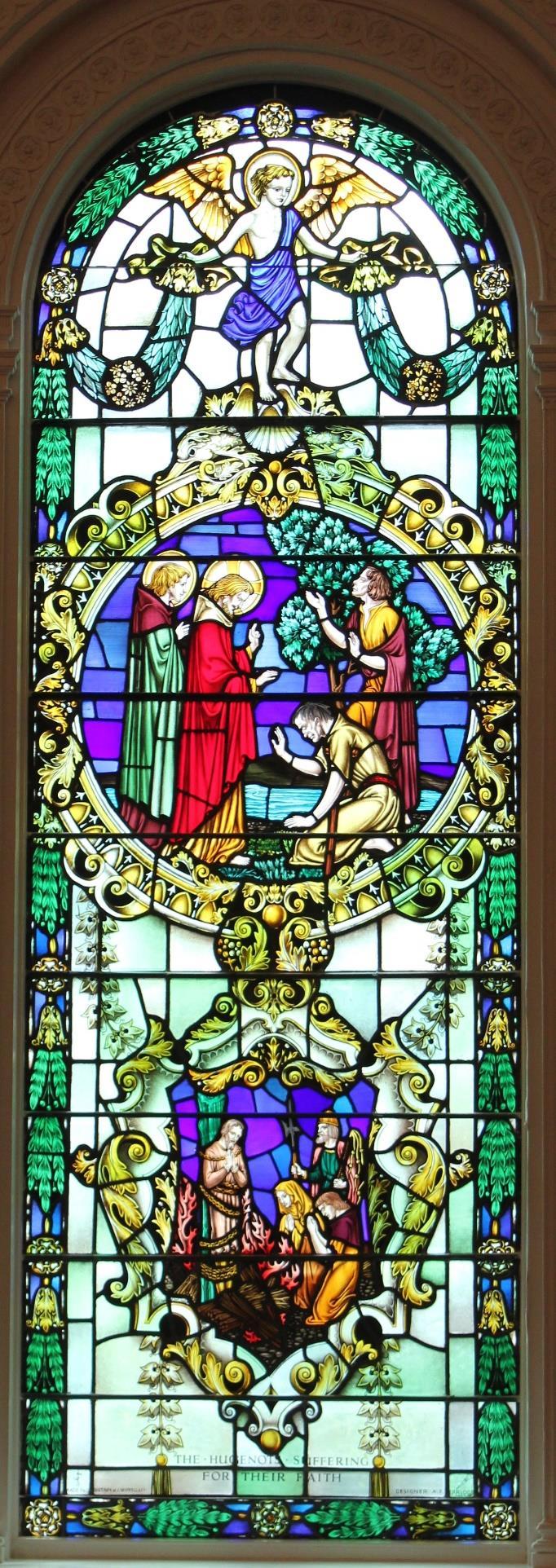 (Last Window on right side facing Chancel) Upper Medallion: Christ Healing the Blind Man Mark 10:52 Lower Medallion: The Huguenots The French Huguenots came to this